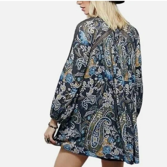 Free People Rain or Shine Bohemian Tunic Mini Dress Paisley Print Size Small - Picture 3 of 10
